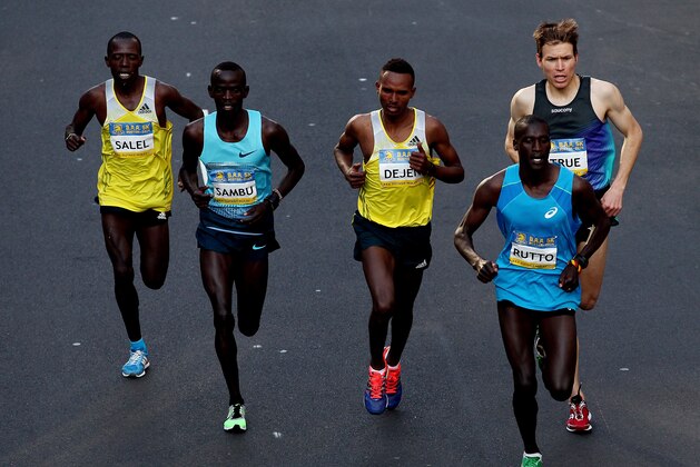BOSTON, MA - APRIL 19: (L-R) Daniel Salel of Kenya, Stephen Sambu of Kenya, Dejen Gebremeskel of Ethiopia, Lani Rutto of Kenya and Ben True of the United States, approach the finish line of the Boston Marathon as part of the 2014 B.A.A. 5K race course on April 19, 2014 in Boston, Massachusetts. (Photo by Alex Trautwig/Getty Images) BOSTON, MA - APRIL 19: (L-R) Daniel Salel of Kenya, Stephen Sambu of Kenya, Dejen Gebremeskel of Ethiopia, Lani Rutto of Kenya and Ben True of the United States, approach the finish line of the Boston Marathon as part of the 2014 B.A.A. 5K race course on April 19, 2014 in Boston, Massachusetts. (Photo by Alex Trautwig/Getty Images)