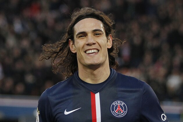 PSG's Uruguayan Edinson Cavani, as he missed a kick during a League One soccer match Paris Saint Germain against Lens at Parc des Prince stadium in Paris, France, Saturday, March 7, 2015. (AP Photo/Michel Euler)