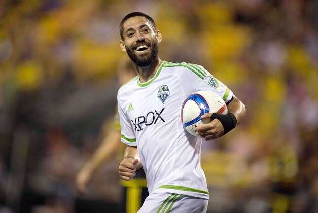May 9, 2015; Columbus, OH, USA; Seattle Sounders FC forward Clint Dempsey (2) celebrates his second goal in the second half of the game against the Columbus Crew SC at MAPFRE Stadium. The Columbus Crew SC beat the Seattle Sounders FC 3-2. Mandatory Credit: Trevor Ruszkowski-USA TODAY Sports