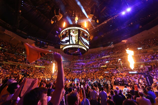 MEMPHIS, TN - MAY 9: An overall view of introductions for Marc Gasol #33 of the Memphis Grizzlies prior to the game against the Golden State Warriors in Game Three of the Western Conference Semifinals of the NBA Playoffs at FedExForum on May 9, 2015 in Memphis, Tennessee. NOTE TO USER: User expressly acknowledges and agrees that, by downloading and or using this photograph, User is consenting to the terms and conditions of the Getty Images License Agreement. Mandatory Copyright Notice: Copyright 2015 NBAE (Photo by Joe Murphy/NBAE via Getty Images)