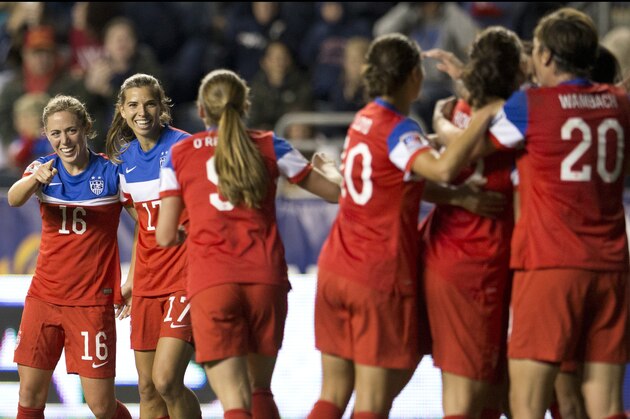 CHESTER, PA - OCTOBER 26: Meghan Klingenberg #16, Tobin Heath #17, Heather O'Reilly #9, Carli Lloyd #10 and Abby Wambach #20 of the United States celebrate after a goal against Costa Rica in the second half in the 2014 CONCACAF Women's Championship final on October 26, 2014 at PPL Park in Chester, Pennsylvania. The United States defeated Cosat Rica 6-0 (Photo by Mitchell Leff/Getty Images)