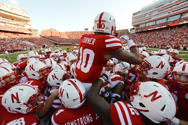 Nebraska wide receiver Jamal Turner (10) leads the team huddle before their Saturday Aug 31, 2013 NCAA college football game against Wyoming at Memorial Stadium in Lincoln, Neb.(AP Photo/Dave Weaver)