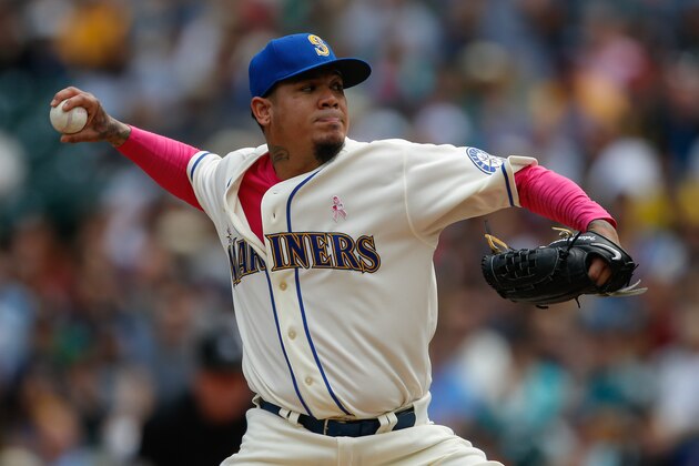 SEATTLE, WA - MAY 10:  Starting pitcher Felix Hernandez #34 of the Seattle Mariners pitches against the Oakland Athletics in the first inning at Safeco Field on May 10, 2015 in Seattle, Washington.  (Photo by Otto Greule Jr/Getty Images)