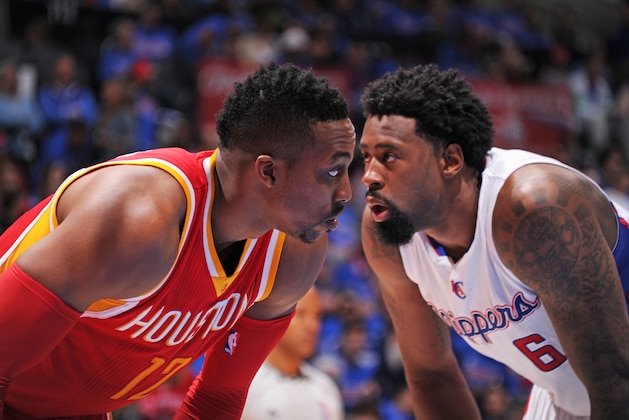 LOS ANGELES, CA - MAY 10:  Dwight Howard #12 of the Houston Rockets and DeAndre Jordan #6 of the Los Angeles Clippers in Game Four of the Western Conference Semifinals during the 2015 NBA Playoffs on May 10, 2015 at STAPLES Center in Los Angeles, California. NOTE TO USER: User expressly acknowledges and agrees that, by downloading and/or using this Photograph, user is consenting to the terms and conditions of the Getty Images License Agreement. Mandatory Copyright Notice: Copyright 2015 NBAE (Photo by Bill Baptist/NBAE via Getty Images)