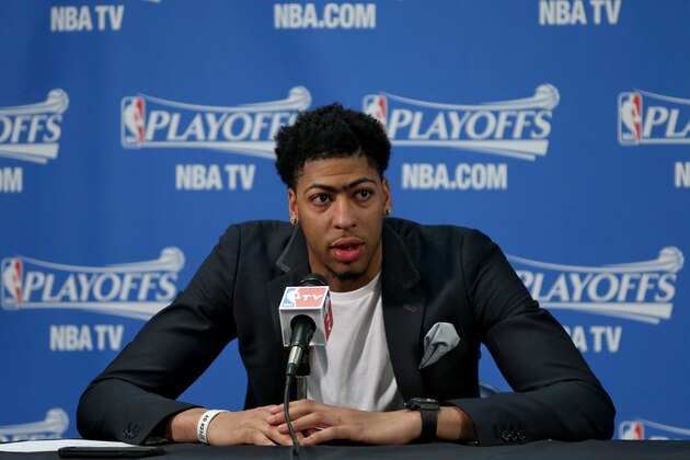 NEW ORLEANS, LA - APRIL 25: Anthony Davis #23 of the New Orleans Pelicans speaks to the press after the loss against the Golden State Warriors for Game Four of the Western Conference Quarterfinals during the 2015 NBA Playoffs on April 25, 2015 at the Smoothie King Center in New Orleans, Louisiana. NOTE TO USER: User expressly acknowledges and agrees that, by downloading and or using this Photograph, user is consenting to the terms and conditions of the Getty Images License Agreement. Mandatory Copyright Notice: Copyright 2015 NBAE (Photo by Layne Murdoch Jr./NBAE via Getty Images