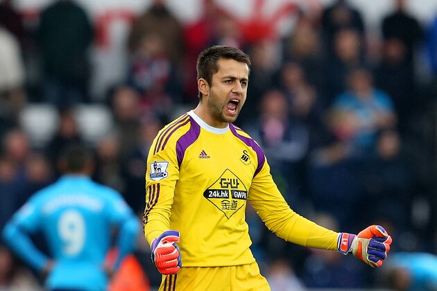 SWANSEA, WALES - MAY 02: Lukasz Fabianski of Swansea City celebrates his team's second goal during the Barclays Premier League match between Swansea City and Stoke City at Liberty Stadium on May 2, 2015 in Swansea, Wales.  (Photo by Jan Kruger/Getty Images)