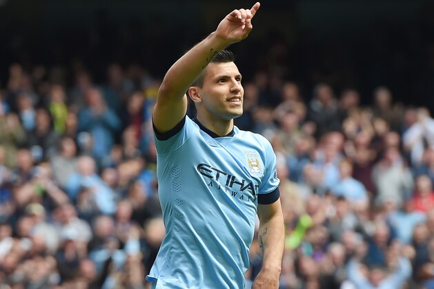 MANCHESTER, ENGLAND - MAY 10:  Sergio Aguero of Manchester City celebrates after scoring his team's third goal during the Barclays Premier League match between Manchester City and Queens Park Rangers at the Etihad Stadium on May 10, 2015 in Manchester, England.  (Photo by Michael Regan/Getty Images)