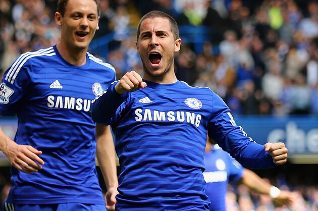 LONDON, ENGLAND - MAY 03:  Eden Hazard of Chelsea (10) celebrates wtih Nemanja Matic (L) as he scores their first goal during the Barclays Premier League match between Chelsea and Crystal Palace at Stamford Bridge on May 3, 2015 in London, England.  (Photo by Clive Mason/Getty Images)