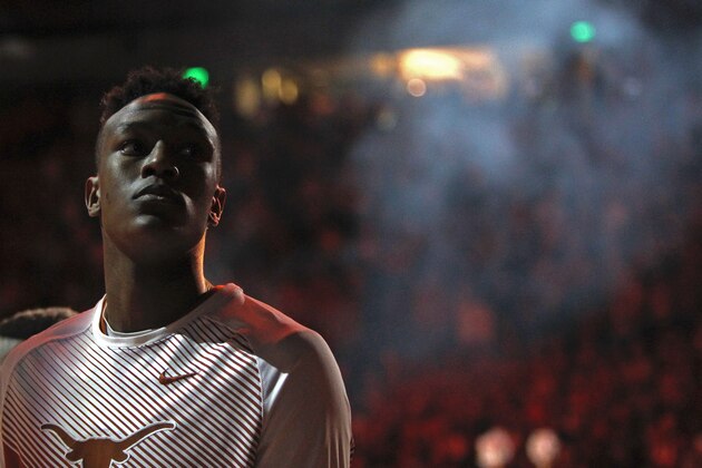 Texas freshman forward Myles Turner waits for player introductions before an NCAA college basketball game against Kansas State, Saturday, March, 7, 2015, in Austin, Texas.  (AP Photo/Michael Thomas)