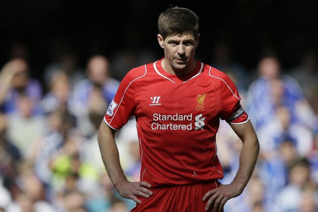 Liverpool’s Steven Gerrard looks across the pitch during the English Premier League soccer match between Chelsea and Liverpool at Stamford Bridge, London, Sunday, May 10, 2015. (AP Photo/Tim Ireland)