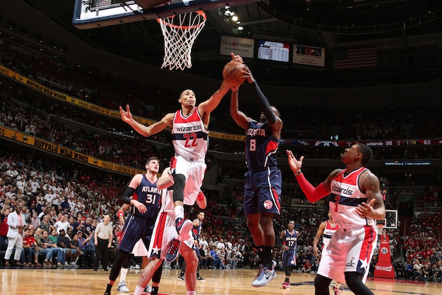 WASHINGTON, DC - MAY 9:  Otto Porter Jr. #22 of the Washington Wizards grabs the rebound against the Washington Wizards in Game Three of the Eastern Conference Semifinals of the 2015 NBA Playoffs at the Verizon Center on May 9, 2015 in Washington, DC. NOTE TO USER: User expressly acknowledges and agrees that, by downloading and or using this photograph, User is consenting to the terms and conditions of the Getty Images License Agreement. (Photo by Nathaniel S. Butler/NBAE via Getty Images)