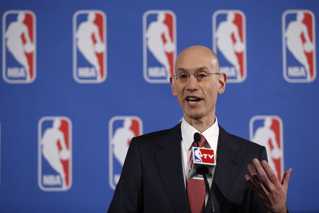 NBA Commissioner Adam Silver gestures as he answers reporters' questions during a press conference before the NBA Draft Lottery in New York, Tuesday, May 20, 2014.  (AP Photo/Kathy Willens)