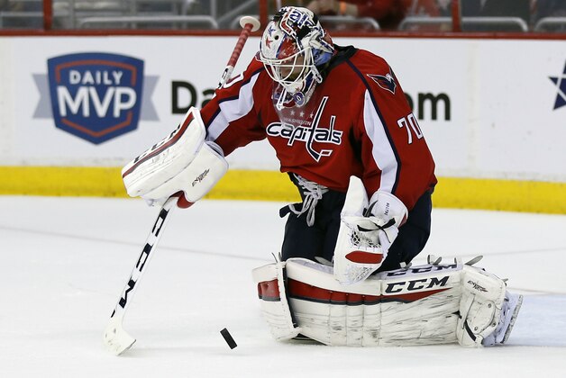Washington Capitals goalie Braden Holtby (70) prepares to grab the puck during the second period of Game 6 in the second round of the NHL Stanley Cup hockey playoffs against the New York Rangers, Sunday, May 10, 2015, in Washington. (AP Photo/Alex Brandon)