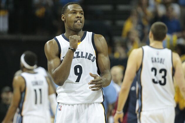 Memphis Grizzlies forward Tony Allen (9) celebrates in the second half of Game 3 of a second-round NBA basketball Western Conference playoff series against the Golden State Warriors, Saturday, May 9, 2015, in Memphis, Tenn. The Grizzlies won 99-89 and lead the series 2-1. (AP Photo/Mark Humphrey)