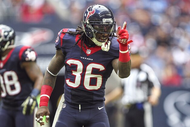 Nov 30, 2014; Houston, TX, USA; Houston Texans strong safety D.J. Swearinger (36) reacts after a play during the second quarter against the Tennessee Titans at NRG Stadium. Mandatory Credit: Troy Taormina-USA TODAY Sports