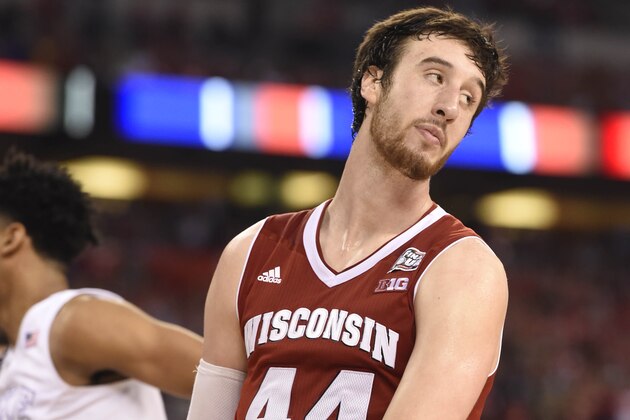 Apr 6, 2015; Indianapolis, IN, USA; Wisconsin Badgers forward Frank Kaminsky (44) reacts after fouling Duke Blue Devils center Jahlil Okafor (not pictured) during the second half in the 2015 NCAA Men's Division I Championship game at Lucas Oil Stadium. Mandatory Credit: Robert Deutsch-USA TODAY Sports