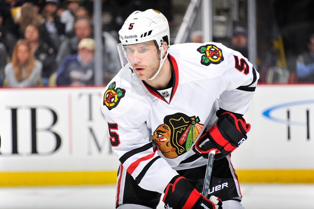 PITTSBURGH, PA - DECEMBER 20:  Steve Montador #5 of the Chicago Blackhawks waits for a face off against the Pittsburgh Penguins on December 20, 2011 at CONSOL Energy Center in Pittsburgh, Pennsylvania.  (Photo by Jamie Sabau/Getty Images)