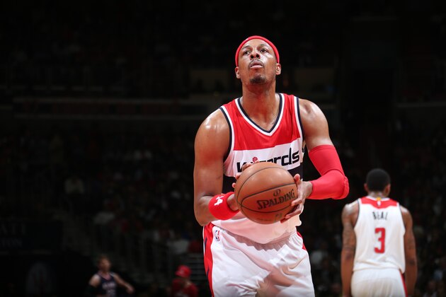 WASHINGTON, DC - MAY 11:  Paul Pierce #34 of the Washington Wizards prepares to shoot a free throw against the Atlanta Hawks in Game Four of the Eastern Conference Semifinals during the 2015 NBA Playoffs on May 11, 2015 at the Verizon Center in Washington, DC. NOTE TO USER: User expressly acknowledges and agrees that, by downloading and or using this Photograph, user is consenting to the terms and conditions of the Getty Images License Agreement. Mandatory Copyright Notice: Copyright 2015 NBAE (Photo by Ned Dishman/NBAE via Getty Images)