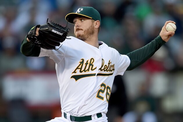OAKLAND, CA - MAY 11:  Scott Kazmir #26 of the Oakland Athletics pitches against the Boston Red Sox in the top of the first inning at O.co Coliseum on May 11, 2015 in Oakland, California.  (Photo by Thearon W. Henderson/Getty Images)