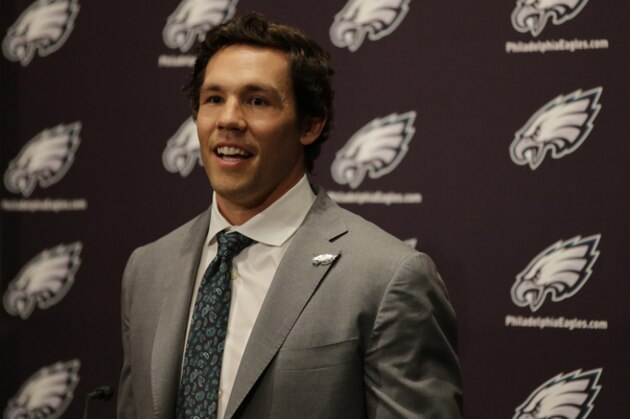 Newly-acquired Philadelphia Eagles quarterback Sam Bradford answers a question during a news conference at the team's NFL football practice facility, Wednesday, March 11, 2015, in Philadelphia. (AP Photo/Matt Slocum)