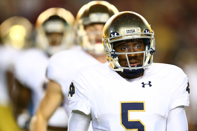 TALLAHASSEE, FL - OCTOBER 18:  Everett Golson #5 of the Notre Dame Fighting Irish warms up before their game against the Florida State Seminoles at Doak Campbell Stadium on October 18, 2014 in Tallahassee, Florida.  (Photo by Streeter Lecka/Getty Images)