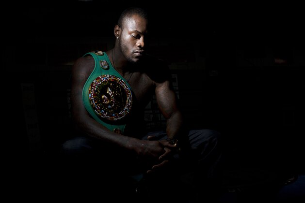 In this Monday, Feb. 23, 2015, photo, WBC heavyweight champion Deontay Wilder poses for a portrait at Skyy Boxing Gym where he trains in Northport, Ala. The Tuscaloosa native's life took its latest dramatic change in the month since he became the first American to capture a piece of the heavyweight title since Shannon Briggs in 2006.  (AP Photo/Brynn Anderson)