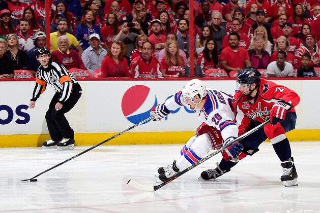 WASHINGTON, DC - MAY 10:  Chris Kreider #20 of the New York Rangers moves the puck up ice against Matt Niskanen #2 of the Washington Capitals during the first period in Game Six of the Eastern Conference Semifinals during the 2015 NHL Stanley Cup Playoffs at Verizon Center on May 10, 2015 in Washington, DC.  (Photo by Patrick McDermott/NHLI via Getty Images)