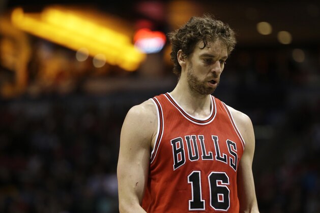 Chicago Bulls' Pau Gasol stands before a free throw during Game 4 of an NBA basketball first-round playoff series against the Milwaukee Bucks Saturday, April 25, 2015, in Milwaukee.