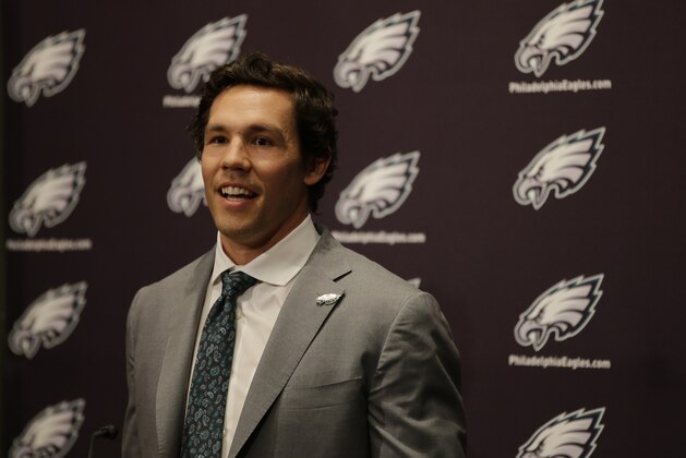Newly-acquired Philadelphia Eagles quarterback Sam Bradford answers a question during a news conference at the team's NFL football practice facility, Wednesday, March 11, 2015, in Philadelphia. (AP Photo/Matt Slocum)