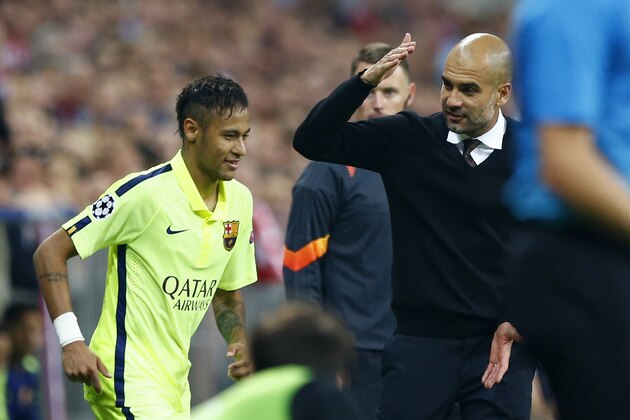 Bayern's head coach Pep Guardiola, right, argues with Barcelona's Neymar, left, during the soccer Champions League second leg semifinal match between Bayern Munich and FC Barcelona at Allianz Arena in Munich, southern Germany, Tuesday, May 12, 2015. (AP Photo/Matthias Schrader)