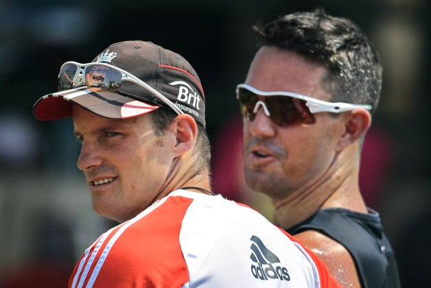 England's cricket captain Andrew Strauss, left, and batsman Kevin Pietersen chat during a practice session ahead of their second test cricket match against Sri Lanka in Colombo, Sri Lanka, Monday, April 2, 2012. (AP Photo/Eranga Jayawardena)