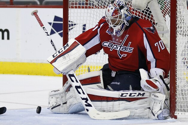 Washington Capitals goalie Braden Holtby (70) prepares to knock the puck away during the second period of Game 6 in the second round of the NHL Stanley Cup hockey playoffs against the New York Rangers, Sunday, May 10, 2015, in Washington. (AP Photo/Alex Brandon)