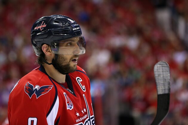 WASHINGTON, DC - MAY 10:  Alex Ovechkin #8 of the Washington Capitals looks on in the first period of the Capitals 4-3 loss to the New York Rangers during Game Six of the Eastern Conference Semifinals during the 2015 NHL Stanley Cup Playoffs at Verizon Center on May 10, 2015 in Washington, DC.  (Photo by Rob Carr/Getty Images)