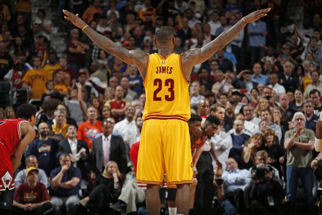 CLEVELAND, OH - MAY 12:  LeBron James #23 of the Cleveland Cavaliers in Game Five of the Eastern Conference Semifinals against the Chicago Bulls during the 2015 NBA Playoffs on May 12, 2015 at The Quicken Loans Arena in Cleveland, Ohio. NOTE TO USER: User expressly acknowledges and agrees that, by downloading and/or using this Photograph, user is consenting to the terms and conditions of the Getty Images License Agreement. Mandatory Copyright Notice: Copyright 2015 NBAE (Photo by Gregory Shamus/NBAE via Getty Images)