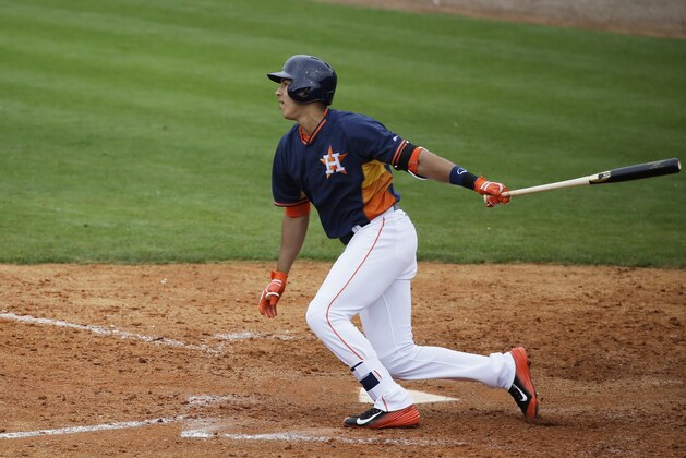 Houston Astros' Carlos Correa plays during an exhibition spring training baseball game against the New York Yankees, Saturday, March 7, 2015, in Kissimmee, Fla. (AP Photo/David Goldman)