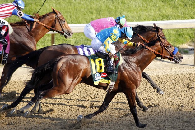May 2, 2015; Louisville, KY, USA; Victor Espinoza aboard American Pharoah passes Gary L Stevens aboard Firing Line to win the 141st Kentucky Derby at Churchill Downs. Mandatory Credit: Brian Spurlock-USA TODAY Sports