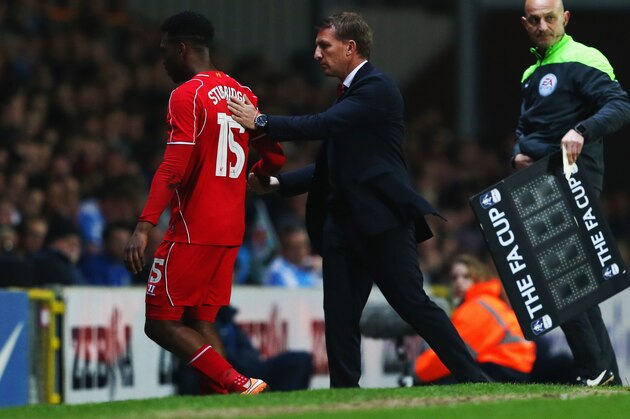 BLACKBURN, ENGLAND - APRIL 08:  Brendan Rodgers manager of Liverpool shakes hands with Daniel Sturridge of Liverpool as he is substituted during the FA Cup Quarter Final Replay match between Blackburn Rovers and Liverpool at Ewood Park on April 8, 2015 in Blackburn, England.  (Photo by Jan Kruger/Getty Images)