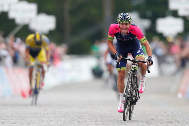 AGLIE, ITALY - MAY 24: Jan Polanc of Slovenia and team Lampre-Merida crosses the line in fourth place during the fourteenth stage of the 2014 Giro d'Italia, a 164km high mountain stage between Aglie and Oropa on May 24, 2014 in Aglie, Italy.  (Photo by Harry Engels - Velo/Getty Images)