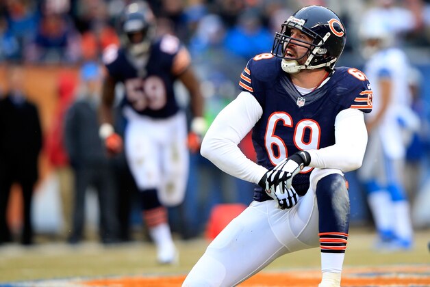 CHICAGO, IL - DECEMBER 21:  Defensive end Jared Allen #69 of the Chicago Bears in action during the game against the Detroit Lions at Soldier Field on December 21, 2014 in Chicago, Illinois.  (Photo by Jamie Squire/Getty Images)