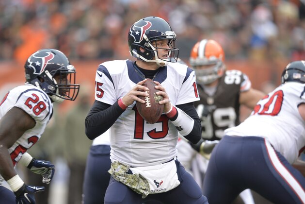 Houston Texans quarterback Ryan Mallett (15) drops back to pass against the Cleveland Browns during an NFL football game Sunday, Nov. 16, 2014, in Cleveland. Houston won 23-7. (AP Photo/David Richard)