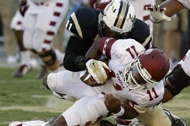 Central Florida linebacker Terrance Plummer, top, sacks Temple quarterback P.J. Walker, bottom, for a loss in the first half of an NCAA college football game in Orlando, Fla., Saturday, Oct. 25, 2014. (AP Photo/John Raoux)