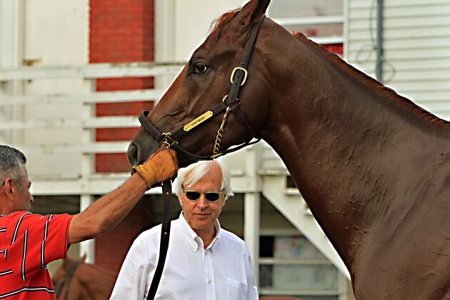 Hall of Fame trainer Bob Baffert, center, checks out Preakness Stakes hopeful Dortmund after his bath outside Barn 33 at Churchill Downs in Louisville, Ky., Monday, May 11, 2015. Holding the big colt is Santiago Rameriez. (AP Photo/Garry Jones)