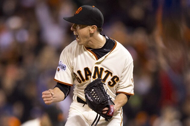 SAN FRANCISCO, CA - APRIL 21:  Tim Lincecum #55 of the San Francisco Giants celebrates after a double play against the Los Angeles Dodgers during the sixth inning at AT&T Park on April 21, 2015 in San Francisco, California.  (Photo by Jason O. Watson/Getty Images)