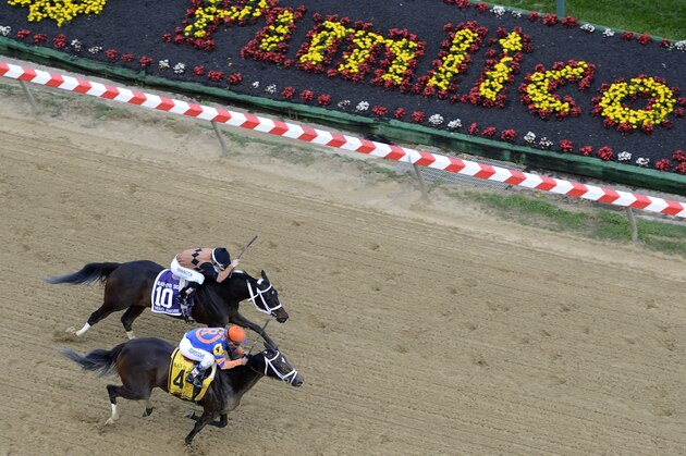 Stopchargingmaria (4), ridden by Javier Castellano, holds off Vero Amore with Frank Pennington aboard, to win the Black-Eyed Susan Stakes horse race Pimlico Race Course, Friday, May 16, 2014, in Baltimore. The 139th Preakness horse race takes place Saturday. (AP Photo/Gary Jones)