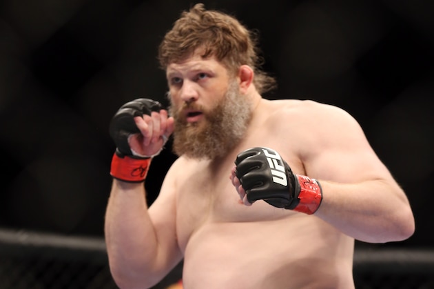 Roy Nelsonin action against Cheick Kongo during their UFC 159 Mixed Martial Arts heavyweight bout in Newark, NJ, Saturday, April 27,2013.  Nelson won via first round KO. (AP Photo/Gregory Payan)