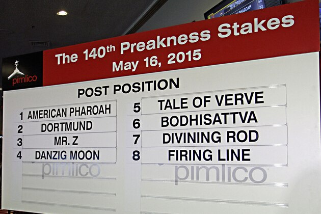 Post positions are set for the 140th running of The Preakness Stakes at Pimlico Race Course in Baltimore, following the blind draw on  Wednesday, May 13, 2015. The Preakness Stakes will be run on May 16. (AP Photo/Garry Jones)
