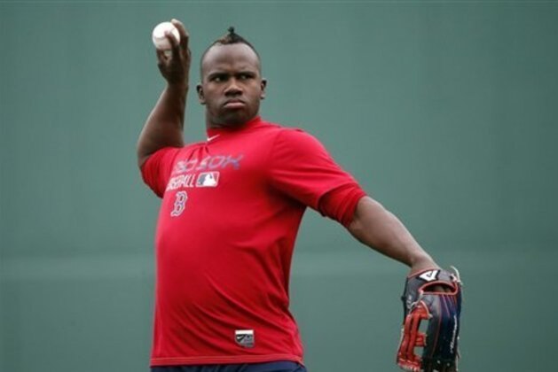 Boston Red Sox's Rusney Castillo throws before a baseball game against the Baltimore Orioles in Boston, Monday, April 20, 2015. (AP Photo/Michael Dwyer)
