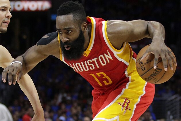 Houston Rockets guard James Harden, right, tries to get by Los Angeles Clippers guard Austin Rivers during the second half in Game 4 of a second-round NBA basketball playoff series, Sunday, May 10, 2015, in Los Angeles. (AP Photo/Jae C. Hong)