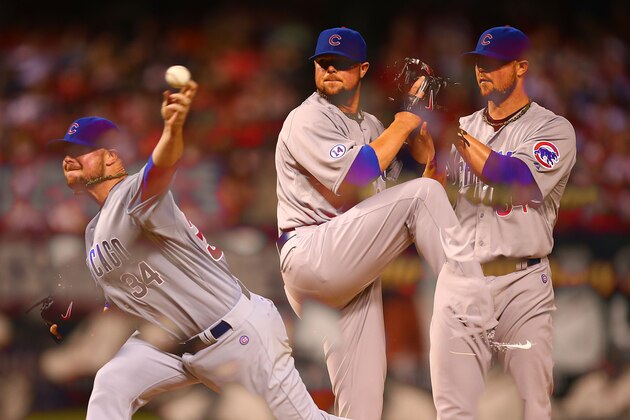 ST. LOUIS, MO - MAY 6: EDITORS NOTE: Multiple exposures were combined in camera to produce this image.)  Starter Jon Lester #34 of the Chicago Cubs pitches against the St. Louis Cardinals in the third inning at Busch Stadium on May 6, 2015 in St. Louis, Missouri.  (Photo by Dilip Vishwanat/Getty Images)
