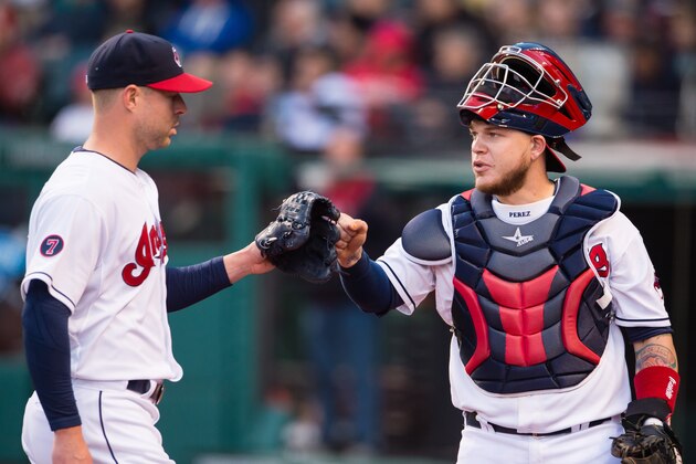CLEVELAND, OH -  MAY 13: Starting pitcher Corey Kluber #28 of the Cleveland Indians celebrates with catcher Roberto Perez #55 after the top of the seventh inning against the St. Louis Cardinals at Progressive Field on May 13, 2015 in Cleveland, Ohio. (Photo by Jason Miller/Getty Images)